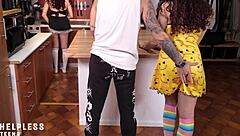 Hey, the maid can't resist masturbating while watching daddy rip my clothes and fuck me hard in the kitchen cowgirl style! 😏🍆💦