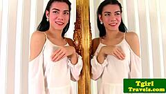 Busty ladyboy Mia teases and jerks her cock in mirror