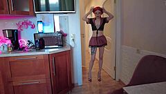 Redhead chick hints at teasing blowjob on fat old dude with deepthroat moans outdoors