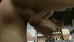 Foxy blonde shemale hottie stroking her schlong