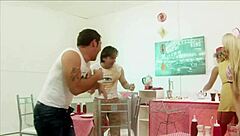 Blonde milf waitresses Diana Gold and Eva Mercedes take monster cocks in interracial foodie foursome.