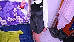 Mexican college girl changing clothes in her dorm room with petite skinny body