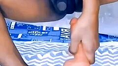 Detailed small cock ebony shemale strips and teases at home with dildo play.