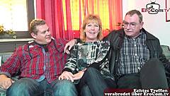 Old German wife shares swinger threesome with stranger man in mature creampie interview
