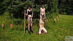 submissive ballerina dances outdoors for her doms in a kinky piss fantasy with rough face fucking and spanking