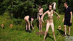 submissive ballerina dances outdoors for her doms in a kinky piss fantasy with rough face fucking and spanking