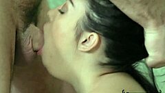 Shy cute teen with small tits endures rough hardcore massage turning intense and wild