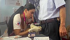 Doctor leads threesome extracting semen from patient while busty assistant masturbates in hospital setting.