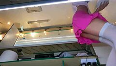 i feel so excited watching the boss tease his sexy shop assistant's wet shaved pussy outdoors while she chats with the customer