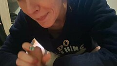 swallowing huge cum load after skinny amateur gives sloppy blowjob on bed