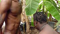 African Ebony Amateurs Sucking Big Cock and Fucking Hairy Pussy Outdoors in Bush