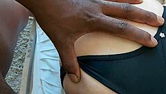 Security guard from the shop dominates and assfucks the naughty black shemale bareback in amateur anal action