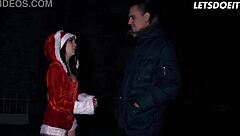 GORGEOUS Brunette Lullu Gun FLASHES And FUCKS Amateur Guys In Backseat Bus On Christmas