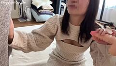 Ah, take these two monster cocks in your mouth, pretty Japanese amateur, for intense blowjob and handjob cumshot action!