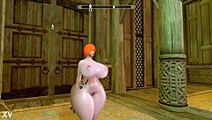 In the world of Skyrim, a big booty redhead struts nude with massive tits bouncing wildly.