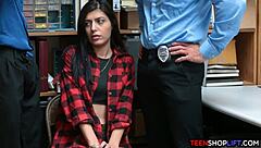 in the office, security guards catch a petite cute teen shoplifter and fuck her in a wild threesome
