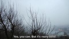 Hey Euro Brunette, Why Flash in Public for Cash and Suck Big Cock Outdoors?