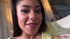 Slutty brunette xxlayna marie contrasts her small tits and shaved pussy while teasing fat dick in doggystyle blowjob.