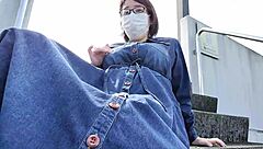 Married Japanese woman boldly masturbates outdoors in full chubby Asian wedding fantasy.