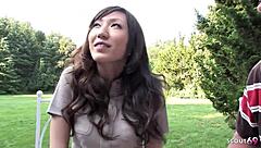 Petite Japanese teen tricked into double creampie! What a wild MMF threesome at golf lesson!