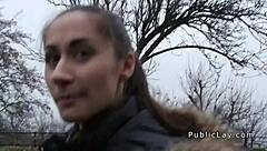 Hey Euro Brunette, Why Flash in Public for Cash and Suck Big Cock Outdoors?