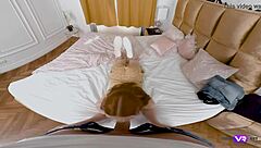 guilty dude apologizes to brunette hottie with shaved pussy riding cowgirl