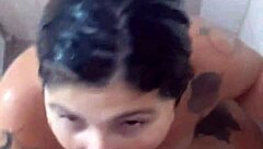 Man cums on her tits during armpit fetish play in bathroom shower