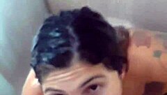 Man cums on her tits during armpit fetish play in bathroom shower