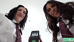 Mischievous girls caught guy jerking off then dive into pussy licking session