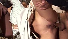 Three hung studs take turns fucking a naughty village girl bent over in doggystyle on the ranch