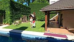 Curvy Latina woman with large chest enjoys outdoor encounter with service worker by the pool