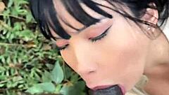 Hot Asian gets stopped by police and fucks without condom in the woods during intense interracial encounter