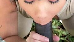 Hot Asian gets stopped by police and fucks without condom in the woods during intense interracial encounter