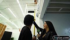 Blindfolded guy explores fucking brunette babe with dildo toy in reality cash setup