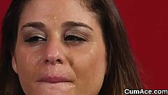 stunning centerfold swallows huge facial cum load after blowjob