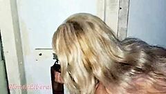 at the glory-hole swing party, a sexy blonde milf engages in sensual creampie sex with strangers without protection