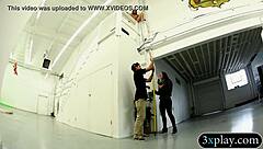 Blindfolded guy explores fucking brunette babe with dildo toy in reality cash setup