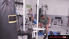 Petite blonde rides cock hard at gym after deepthroat blowjob!