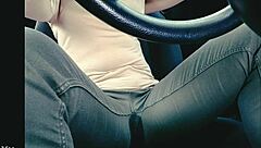 Woman in jeans stuck in traffic ends up with an accident.