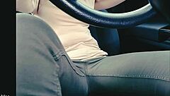 Woman in jeans stuck in traffic ends up with an accident.