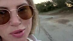 Petite Blonde Flashes Blue Eyes and Legs in Outdoor Public Tease