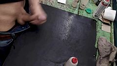 Skinny young amateur strokes huge cock solo on workbench at work