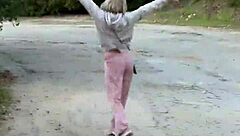 Petite Blonde Flashes Blue Eyes and Legs in Outdoor Public Tease