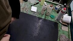 Skinny young amateur strokes huge cock solo on workbench at work