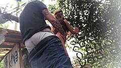 Outdoor anal assfucking the redhead sex toy doll in backyard