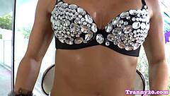 oriental tranny enjoys doggystyle action with les babe in stockings and tattoos