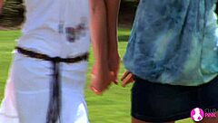 Blonde and brunette enjoy lesbian kissing and licking outdoors in high definition