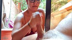 Stepson Pulls Out Big Cock on Terrace, Excites Looking at Me Behind Window Without Bra, Shows Erection to Neighbors While Nipples Harden