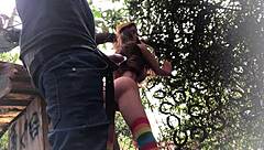 Outdoor anal assfucking the redhead sex toy doll in backyard