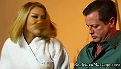 Oriental masseuse delivers a sensual handjob and blowjob, culminating in a satisfying cumshot during the erotic nuru massage session.